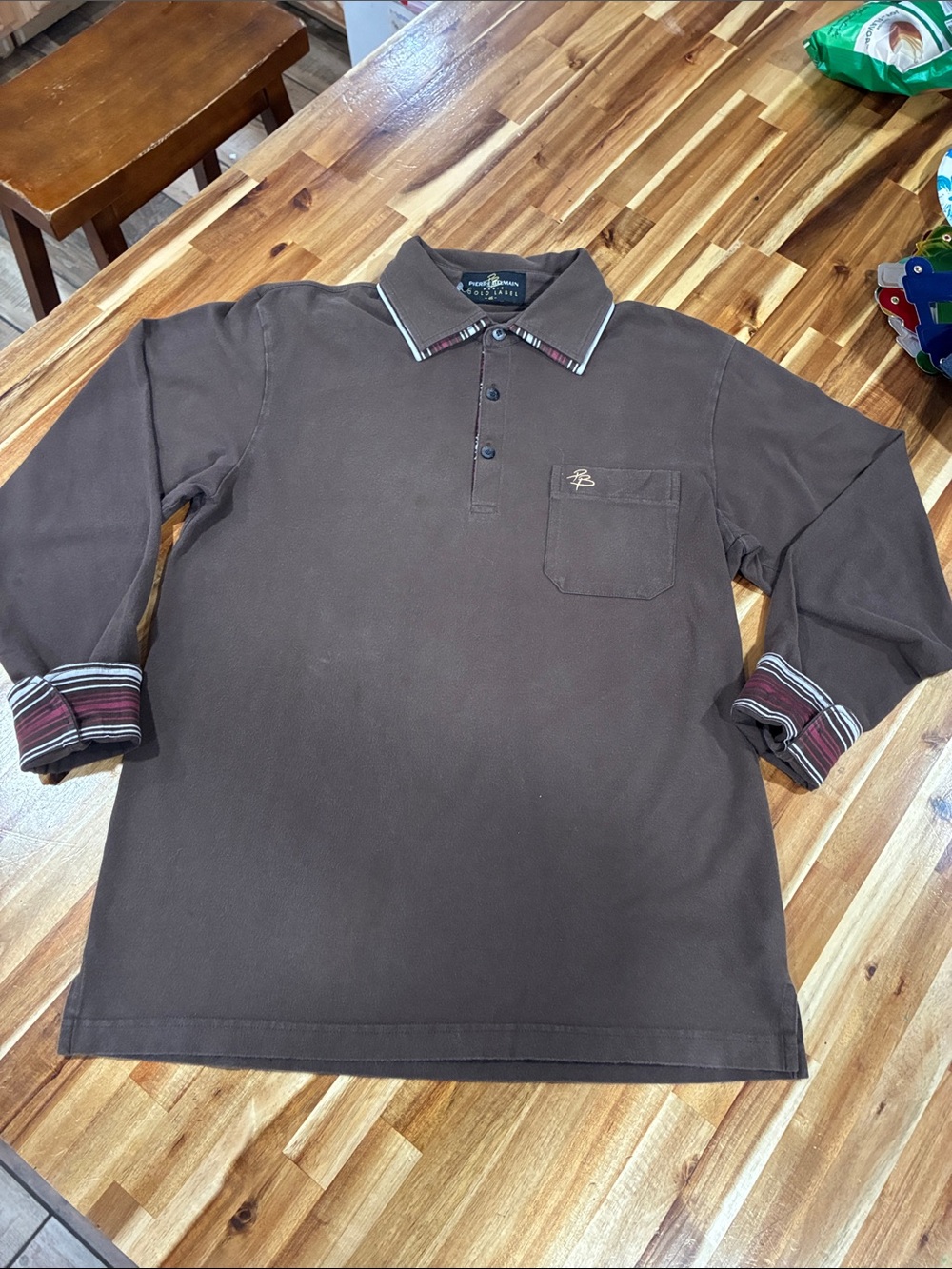 Pierre Balmain Brown Long-Sleeve Polo with Striped Trim